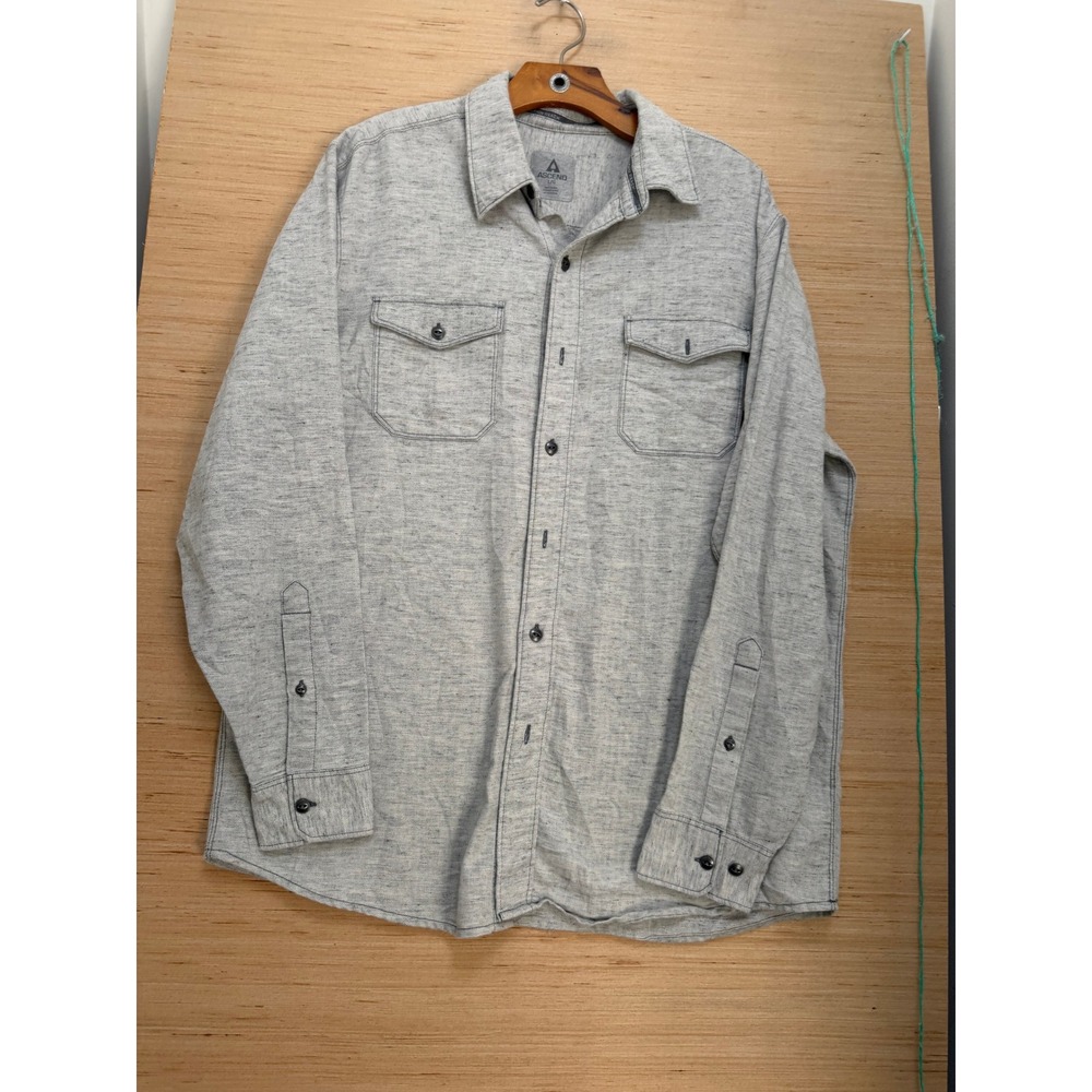 Ascend Mens Large Grey Herringbone Long Sleeve Button Down Shirt Pockets 7256